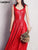 Lautaro Spring Fit and Flare Soft Faux Leather Dress Elegant Luxury Red Maxi Dresses for Women 2022 long Retro Fashion Clothes