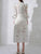 VGH white lace embroidery dresses for women stand collar long sleeve high waist a line single breasted elegant dress female new